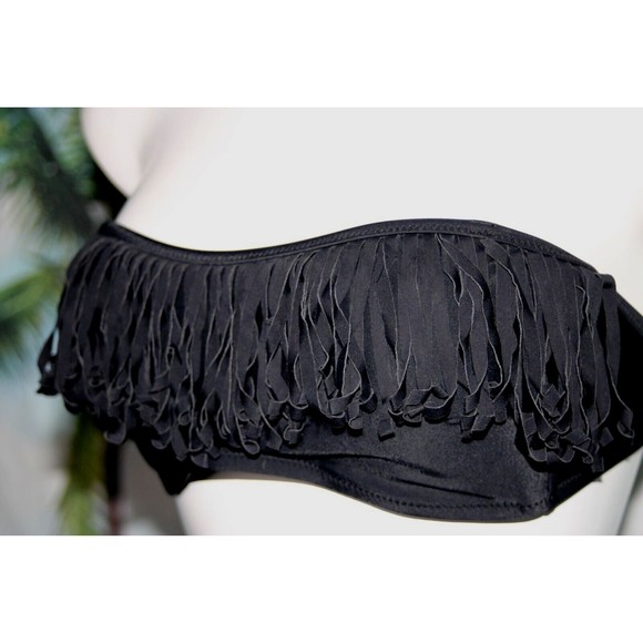 American Eagle AEO Bikini Swim Top Black Fringed Bandeau Tie Back Size M - Picture 3 of 7